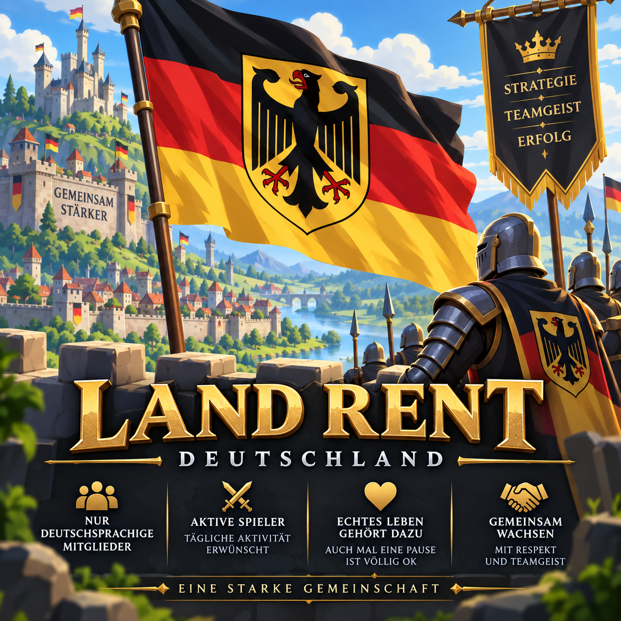 Land Rent Deutschland: Burglandschaft, deutsche Flagge und Ritter. Deutschsprachige Mitglieder, aktive Spieler, Reallife geht vor und gemeinsam wachsen mit Respekt und Teamgeist.